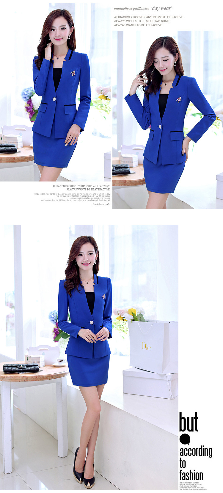 2015新款修身职业装女装套裙西服正装工作服一粒扣套裙加大码三件套秋季女装 白色 S