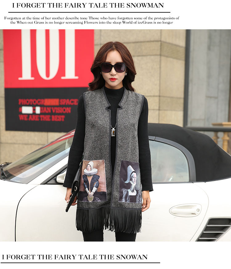 香缇莎2015新款印花女马夹时尚百搭英伦风中长款直筒流苏马甲外套 图片色 XL