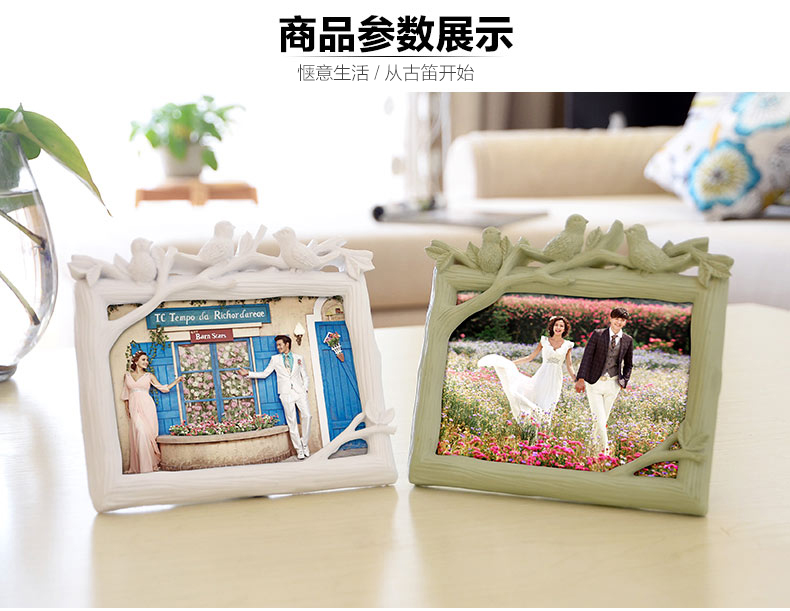 古笛 树脂5寸摆台相框 三只小鸟 影楼 韩式创意相框摆台 白色 5寸树脂摆台