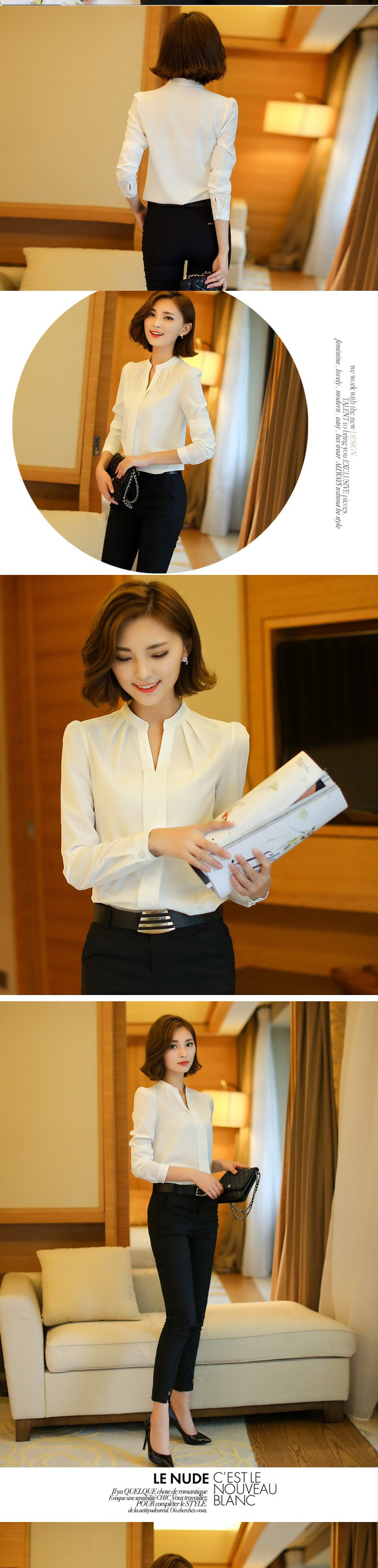 魁莉     2015秋装新款韩版女装衬衫女修身加绒加厚长袖雪纺衫衬衣LL 白色 M