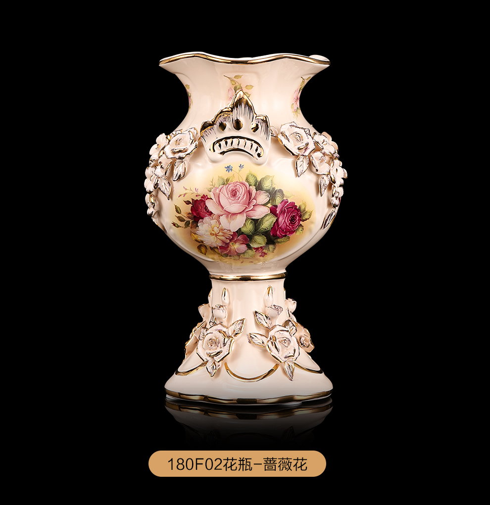 
                                        铂爵皇瓷 欧式陶瓷花瓶花器摆件 高档客厅家居装饰工艺品摆件 180F01金玫瑰 30cm高                
