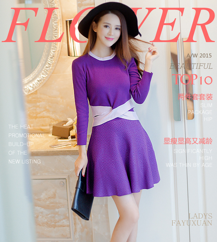 【斑点蜥】2015秋冬韩版新款女装针织套裙修身弹力打底毛衫两件套 优雅黑 均码