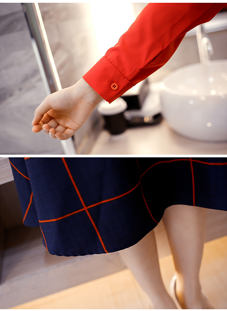 伊恋心              2015秋装新款韩版女衬衫上衣 格子半身裙套装9561# 红色 M