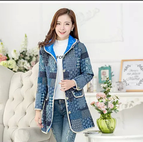 姿昵叶     2015秋冬大码女装修身连帽上衣夹棉保暖长袖外套KK 牛仔蓝 L