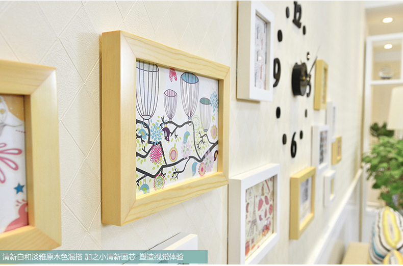 古笛 实木钟表照片墙 创意相框墙 11框组合 小客厅相片墙11HD-11 黑白原胡4色灵动混搭+钟
