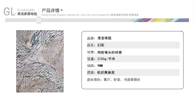 港龙地毯 幻彩 卧室茶几地毯客厅现代简约沙发床边地毯飘窗大地毯 9425LG 80*120cm