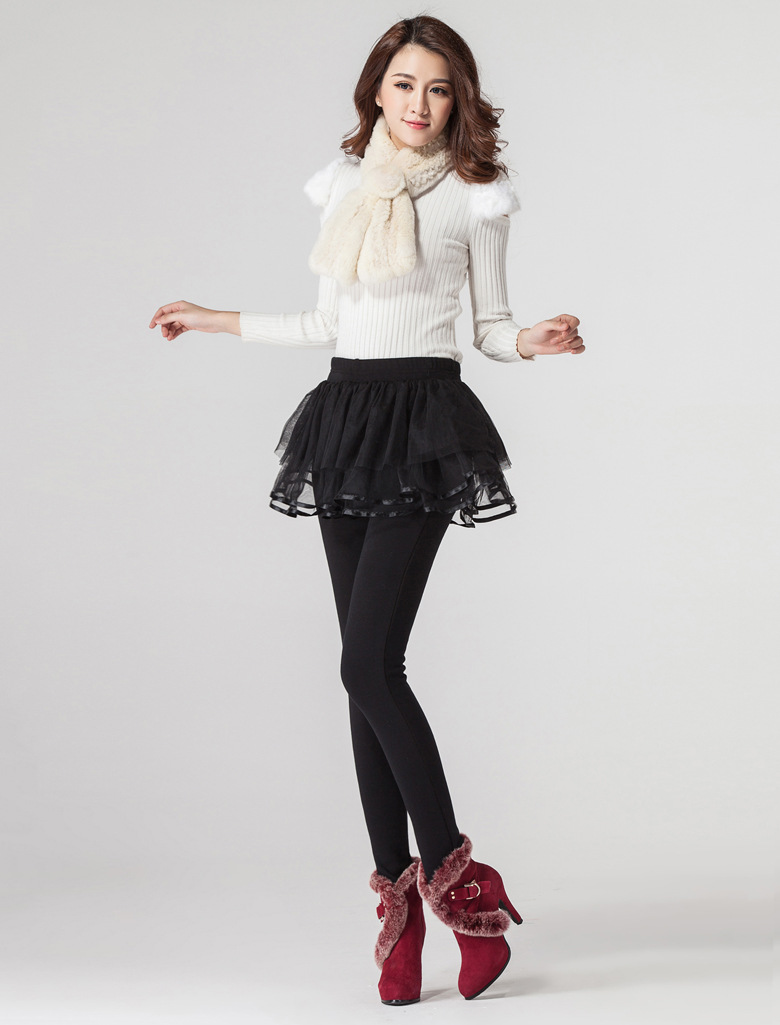 蜜诺依  2015秋季新款女装加绒加厚假两件网纱裙裤Q1398 黑色 XXL