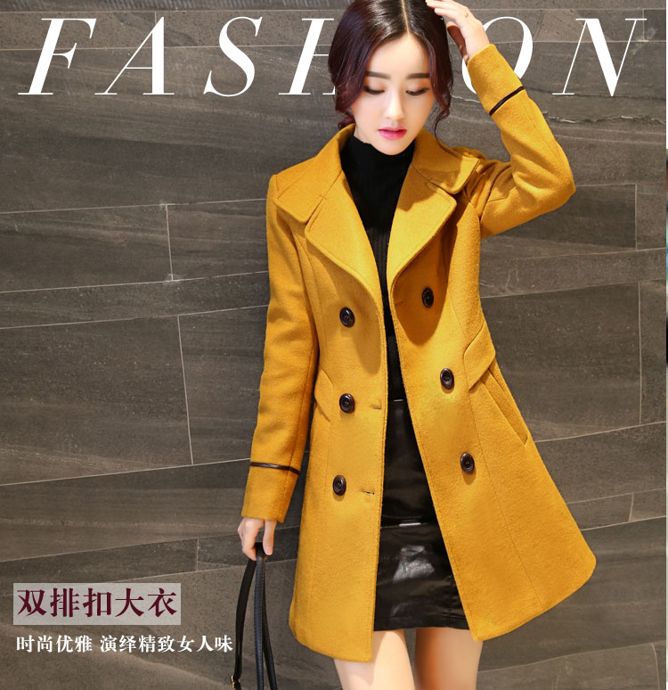 褒幽 2015秋冬装毛呢大衣女 韩版中长款修身大码外套 黄色 M