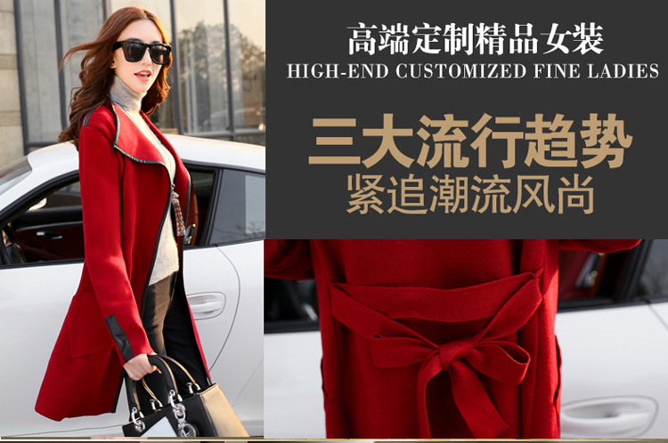卡斯丹尼2015秋冬新款韩版女装修身风衣大码毛衣中长款开衫针织外套 黑色 均码