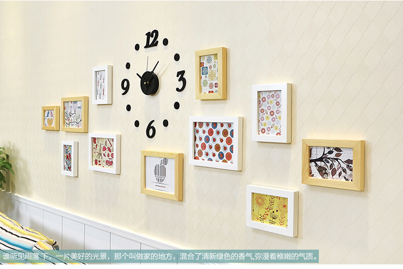 古笛 实木钟表照片墙 创意相框墙 11框组合 小客厅相片墙11HD-11 黑白原胡4色灵动混搭+钟
