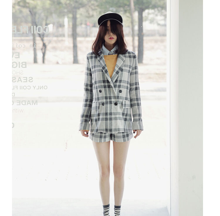 靓莎绮2015秋冬韩版个性长袖宽松直筒格子西服套装+外套两件套Y3614 深灰色 L