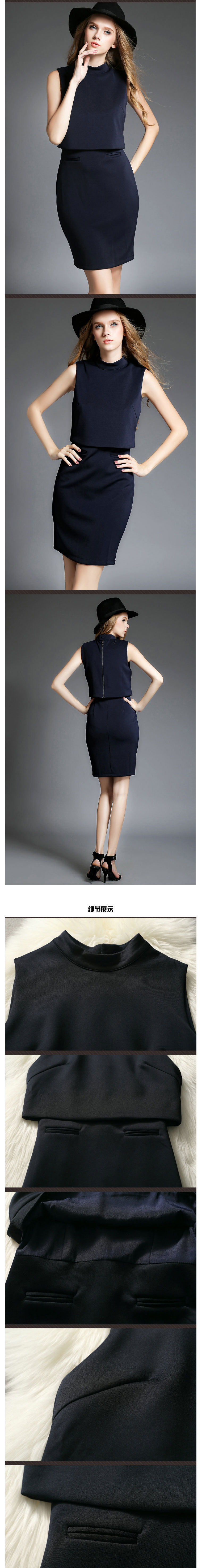 伊莎唐女装2015秋季欧美大牌ol假两件套连衣裙 深蓝色 s