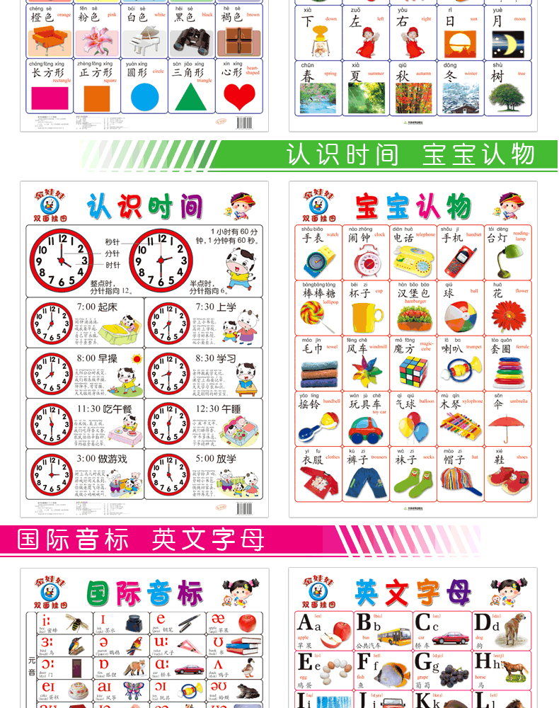 幼儿启蒙认知双面挂图全套12张03岁宝宝早教挂图识字图儿童撕不烂图