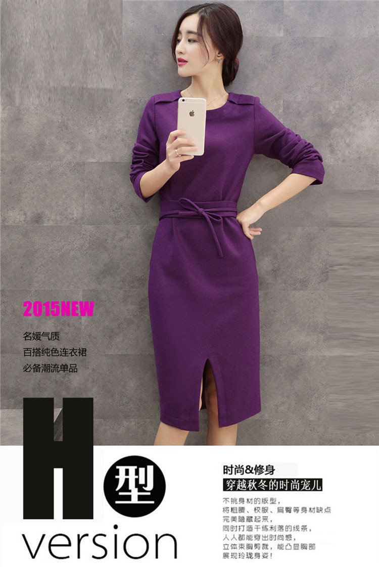 莱瑞丽 2015秋冬女装装新款长袖毛呢连衣裙 9051 图片色 M