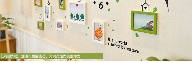 
                                        古笛 实木照片墙 清新小鸟墙贴钟表相框组合 相框墙相片墙HD-0143 白原几米抽象组合                