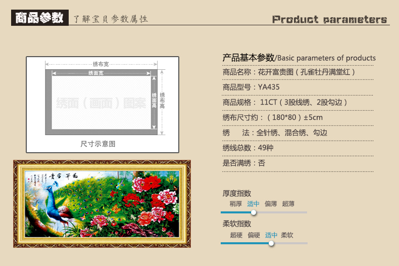 鸿胤皇室蒙娜丽莎十字绣孔雀开屏图花开富贵孔雀客厅十字绣画印花新款十字绣牡丹花系列画 YA435 长1.80米*宽0.80米