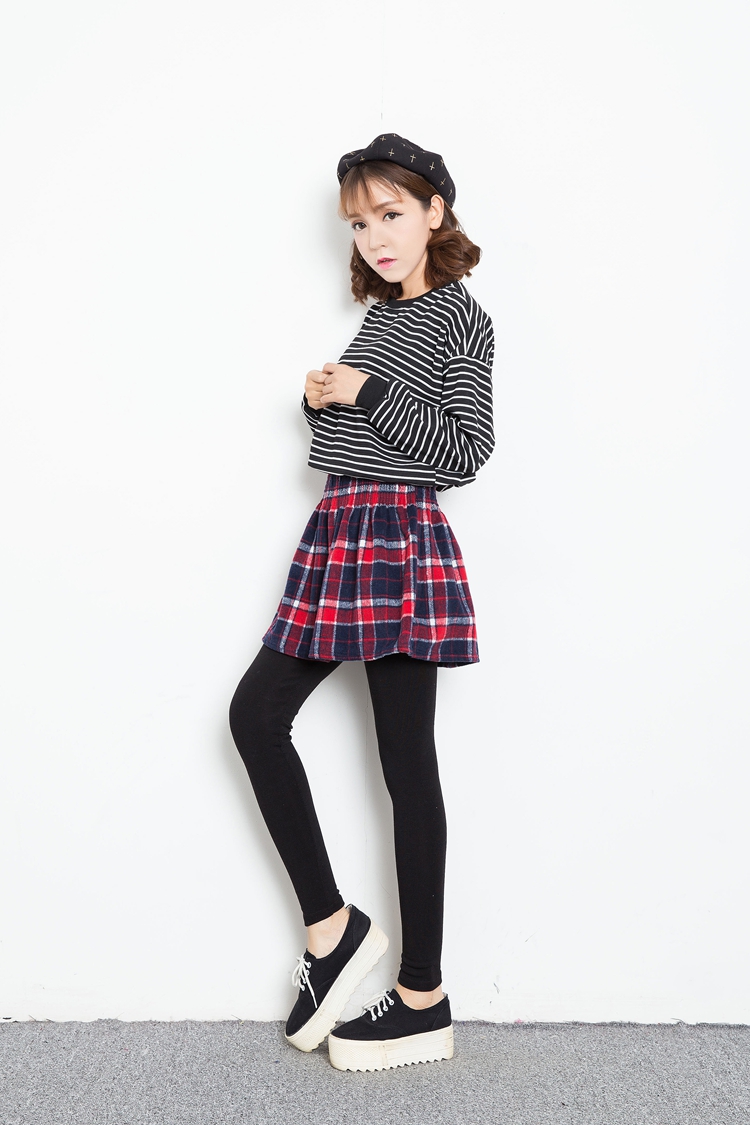 娇女坊  2015秋冬季新款假两件加绒加厚打底格子短裙修身紧身长裤裙裤女 红色 均码