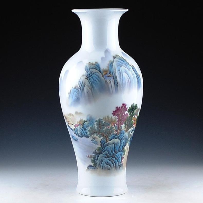 景德镇陶瓷器花瓶 粉彩山水画桃源逸居鱼尾瓶 古典现代家居摆件