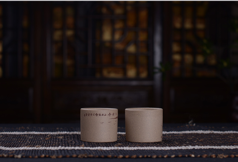 弘盛窑 全手工紫砂 茶杯 品茗杯 主人杯 功夫茶杯 手刻限量个人杯 青灰泥紫砂小杯 青灰泥莲蓬小号