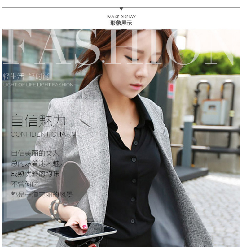 珑允2015秋装新款小西服休闲外套韩版中长款修身显瘦薄西装女 灰色 XL