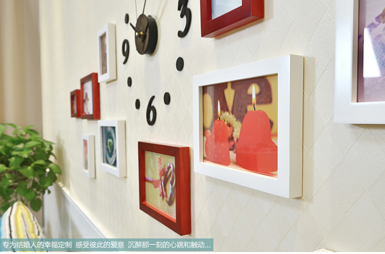古笛 实木钟表照片墙 创意相框墙 11框组合 小客厅相片墙11HD-11 黑白原胡4色灵动混搭+钟