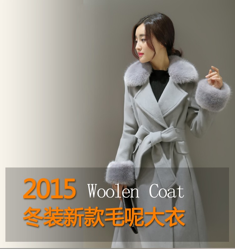 妍莲2015秋冬新款大码女装显瘦呢大衣 女中长款毛呢大衣外套女 Y135 粉色 XL