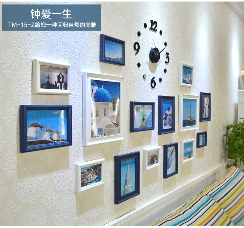 梓晨实木照片墙 相框墙 客厅欧式 相片墙创意相框挂钟组合 白蓝