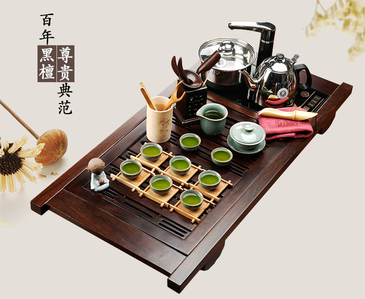 
                                        束氏 黑檀实木茶盘功夫茶具茶壶整套茶具四合一快速炉 哥窑黑檀平板套装003817                
