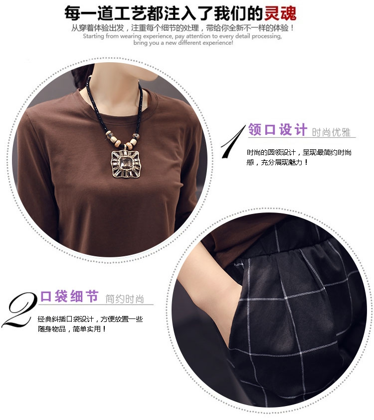 guyuehu女装秋冬新款长袖打底衫t恤九分裤小脚裤休闲时尚套装 褐色 M