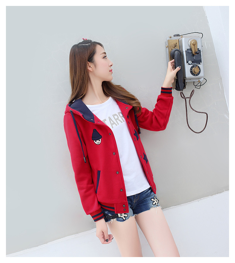 歌薇妮2015学院风连帽少女初高中学生加厚卫衣外套女春秋棒球服开衫外套 米白色 M