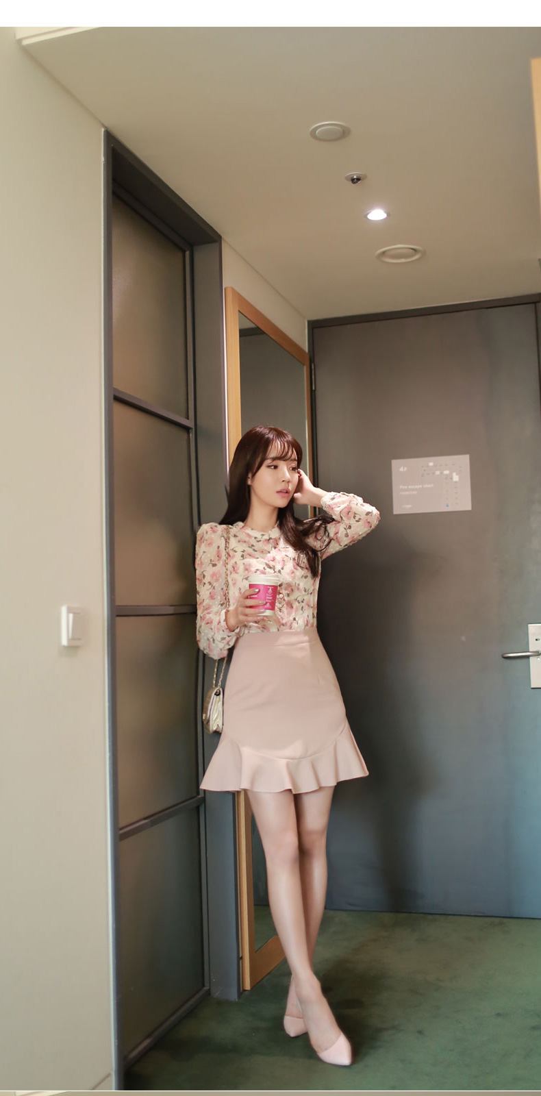 Dido2015秋款女装长袖碎花雪纺衫衬衫裙子两件套装女 粉红色 XL