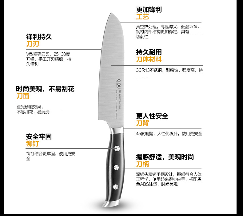 OOU出品不锈钢菜刀砍刀面包刀套装 德国工艺刀具套装 厨房刀具六件套带刀座UC3901