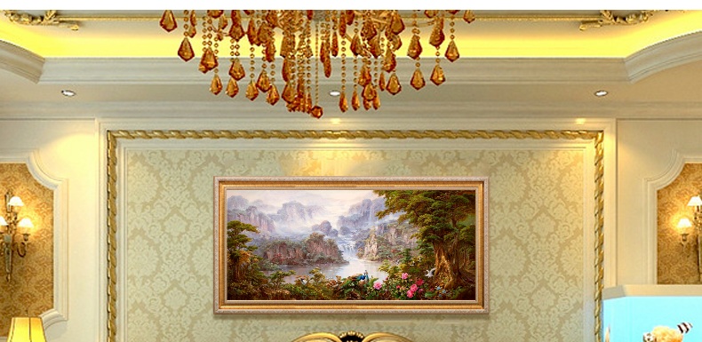 
                                        纵海艺术 办公室油画 聚财旺运 现代中式客厅沙发背景墙壁挂画 风景山水画 聚宝盆装饰画 标准款画框 80*160                