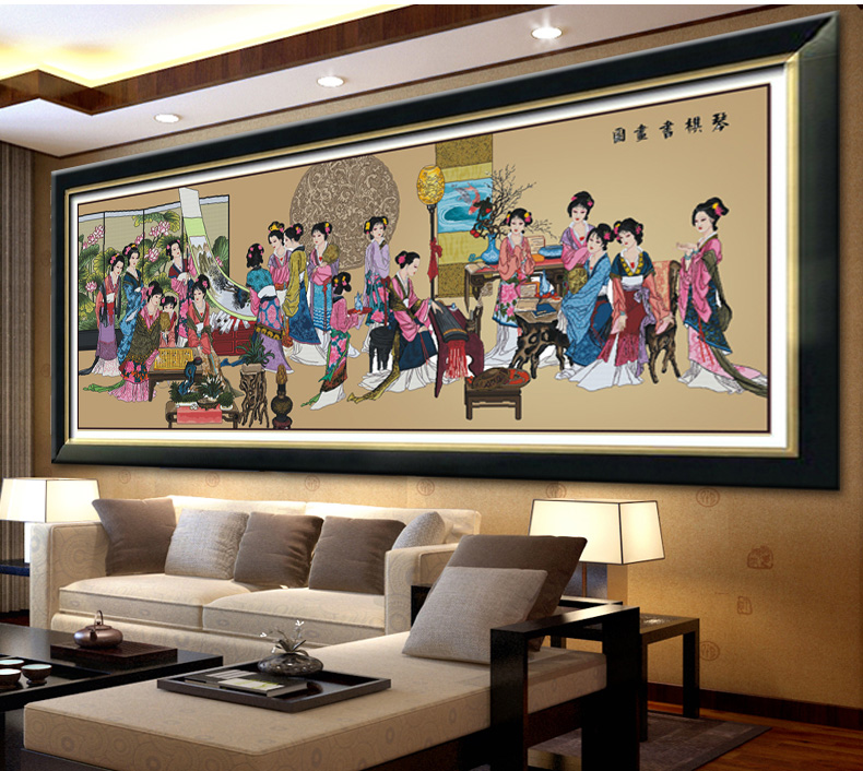 鸿胤蒙娜丽莎十字绣十二金钗十字绣琴棋书画红楼梦新款大幅客厅人物画印花系列 YZ227棉线古董布 长3.27米*宽1.30米