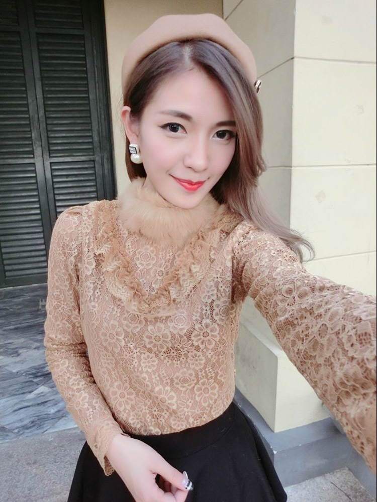 莫伊儿    2015秋冬新款长袖真兔毛加厚蕾丝打底衫长款韩版t恤女装上衣潮B 黑色 XL