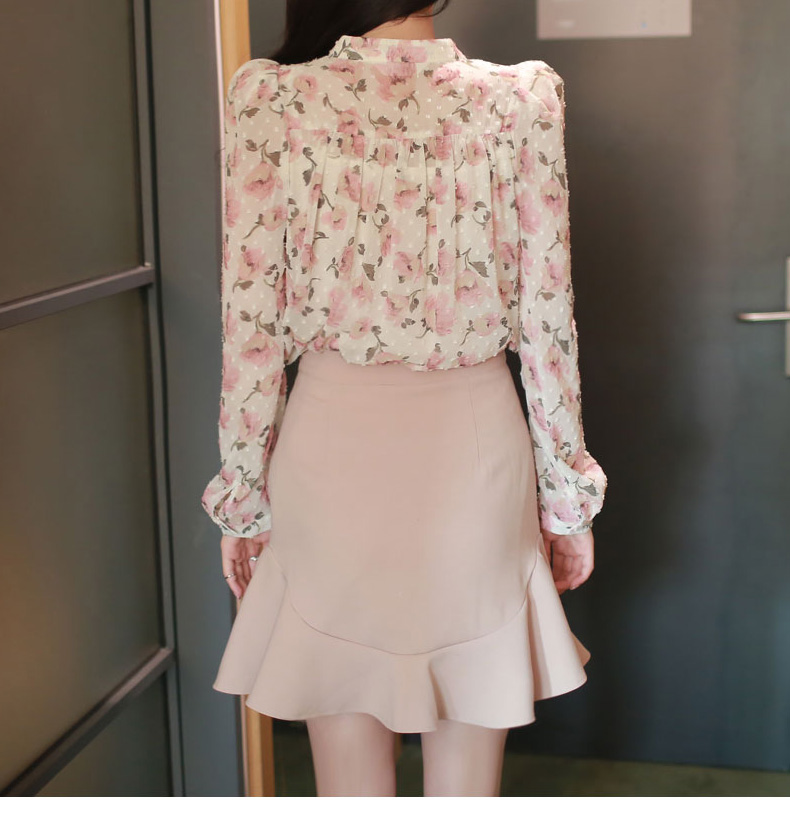 Dido2015秋款女装长袖碎花雪纺衫衬衫裙子两件套装女 粉红色 XL