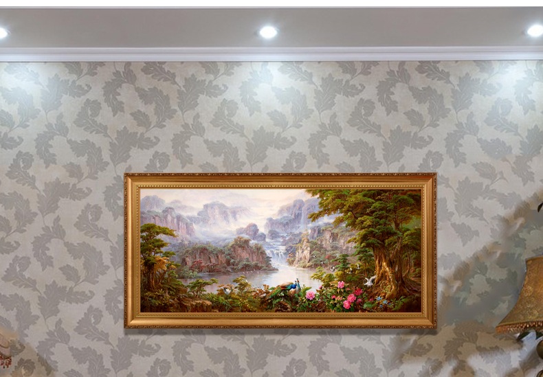
                                        纵海艺术 办公室油画 聚财旺运 现代中式客厅沙发背景墙壁挂画 风景山水画 聚宝盆装饰画 标准款画框 80*160                