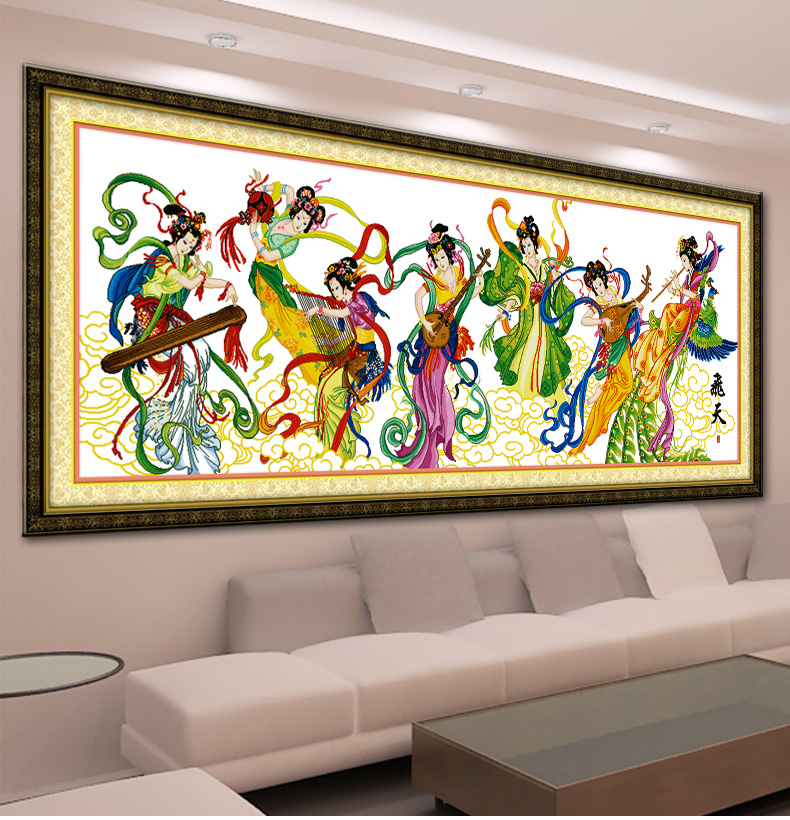 A KS十字绣敦煌飞天七仙女十字绣新款客厅大画飞天供养系列人物100精准印花满绣 W1443精准印花