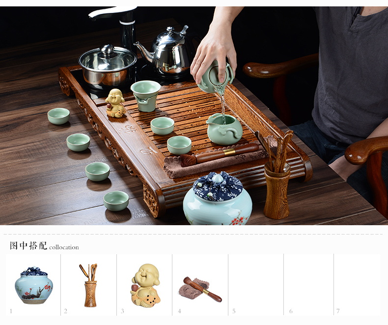 晨茗 宜兴紫砂茶具套装整套茶具茶叶罐组合 电磁炉茶具茶盘套装四合一带消毒锅烧水壶 五福电磁炉茶盘巧云套装