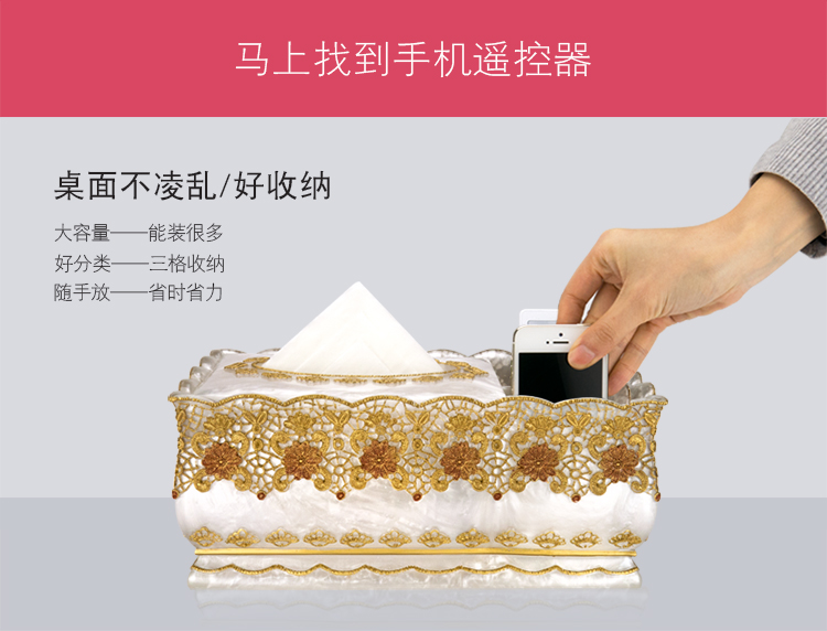 amojoy欧式多功能纸巾盒 客厅桌面遥控器收纳盒 创意餐巾纸抽纸盒 卧室家用树脂纸巾盒子 蕾丝银色