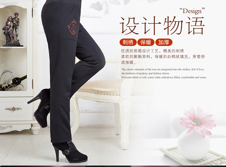 南极人羽绒服中老年羽绒裤女外穿加厚保暖宽松优雅大码秋冬女长裤 福禄绣 S