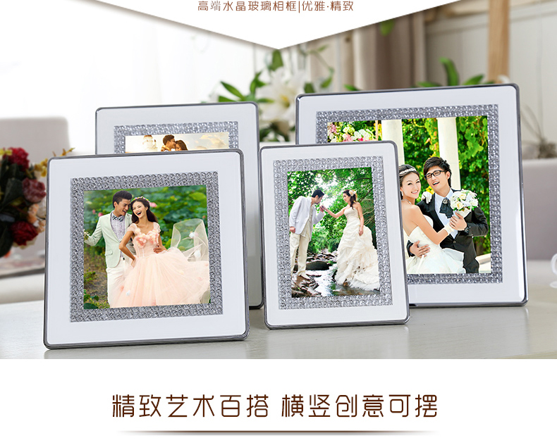 梦雅莉 高档水晶镶钻摆台6寸 7寸8寸正方形影楼创意玻璃画框 钻石人生 珍珠白7寸