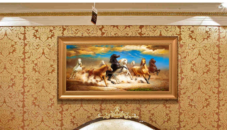 
                                        纵海艺术 客厅装饰画 办公室书房油画 沙发背景墙壁画 马到成功 八骏图 中式风水挂画 豪华款 90*170                