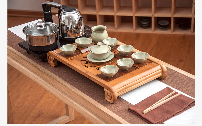 祥福 汝窑汝瓷开片整套功夫茶具套装 排水式盛水式 孟宗竹制实木四合一带电磁炉茶盘茶托茶台 贞元汇合福器套组