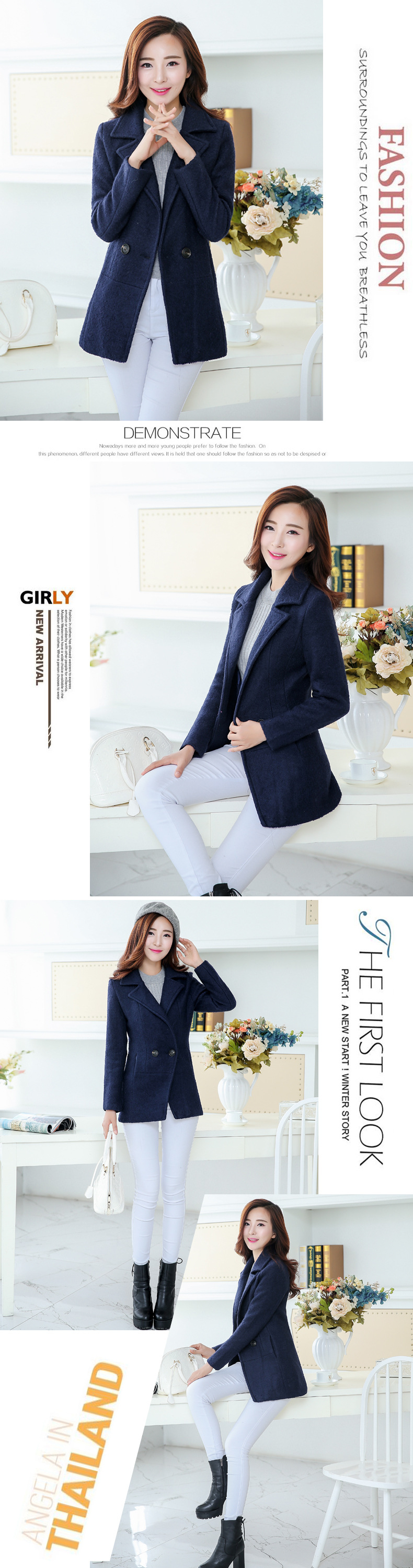 珞俐娅 2015新款韩版女装呢子大衣女修身中长款毛呢风衣外套女 浅灰 XL