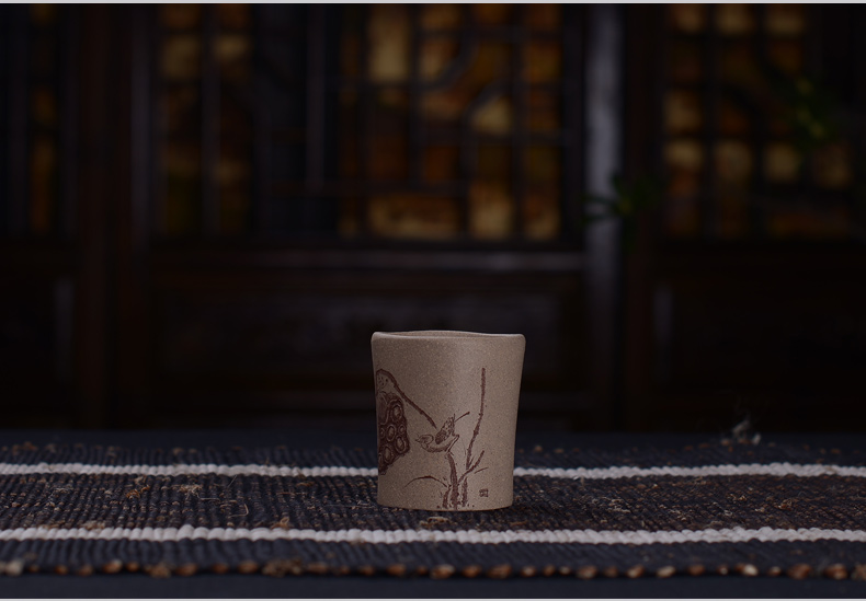 弘盛窑 全手工紫砂 茶杯 品茗杯 主人杯 功夫茶杯 手刻限量个人杯 青灰泥紫砂小杯 青灰泥莲蓬小号