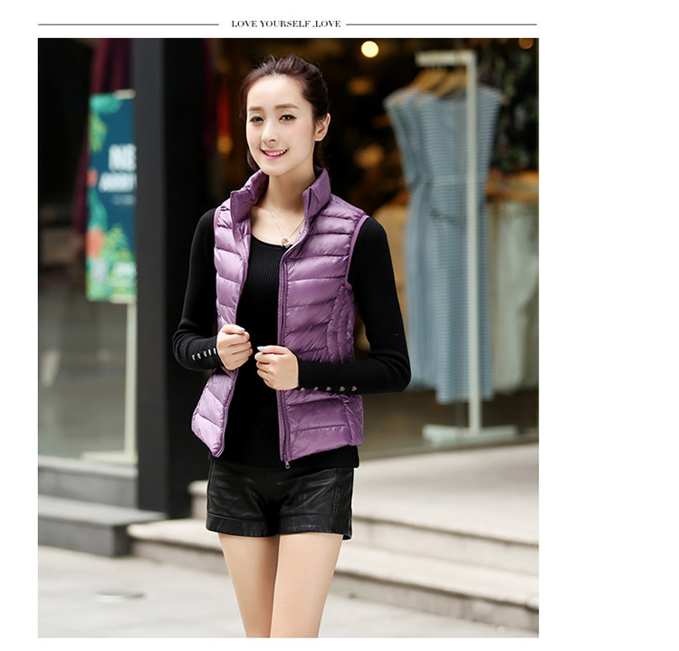 乔媞2015新款无袖羽绒服女轻薄马甲立领简约 修身显瘦背心时尚百搭加大码外套 酒红色 XL