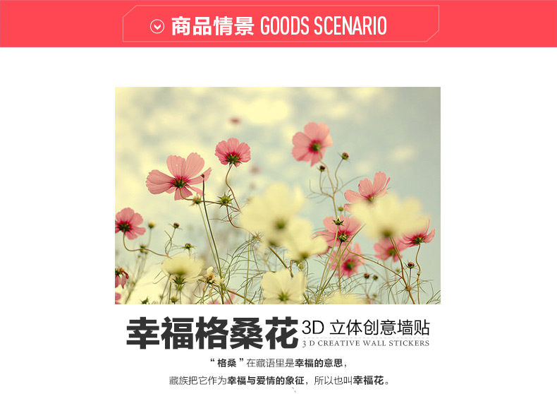 
                                        积累小家11.11家装节创格桑花可移除3D立体墙贴壁贴电视背景墙儿童房装饰 蓝色-3块/套 中                