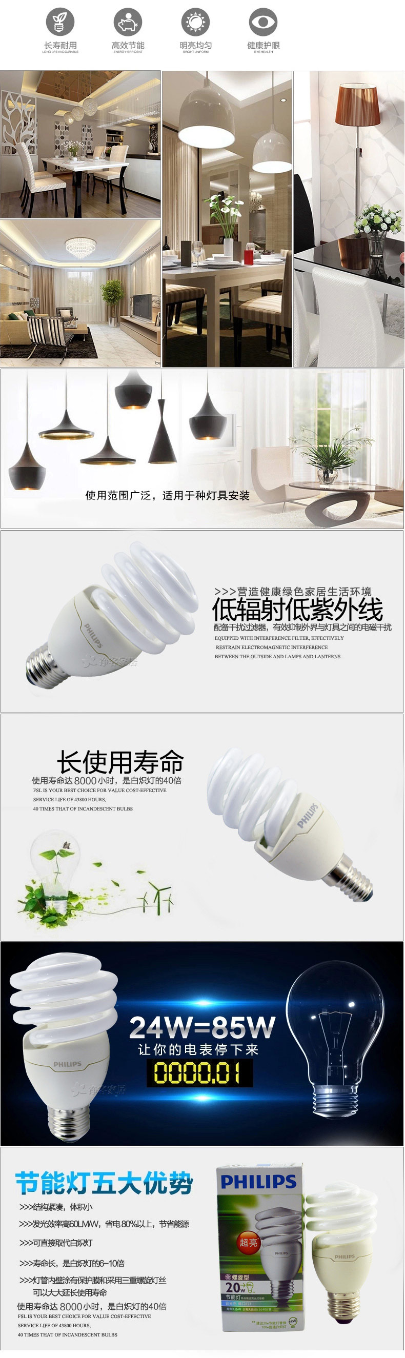 
                                                            节能灯 螺旋型 节能客厅厨房光源大小螺口灯泡 E27大螺口8w 日光色(白光)                