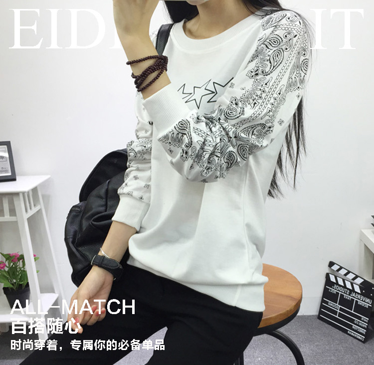 玉瓦2015秋装新款复古五角星印花插肩袖宽松T恤女4195 白色 L